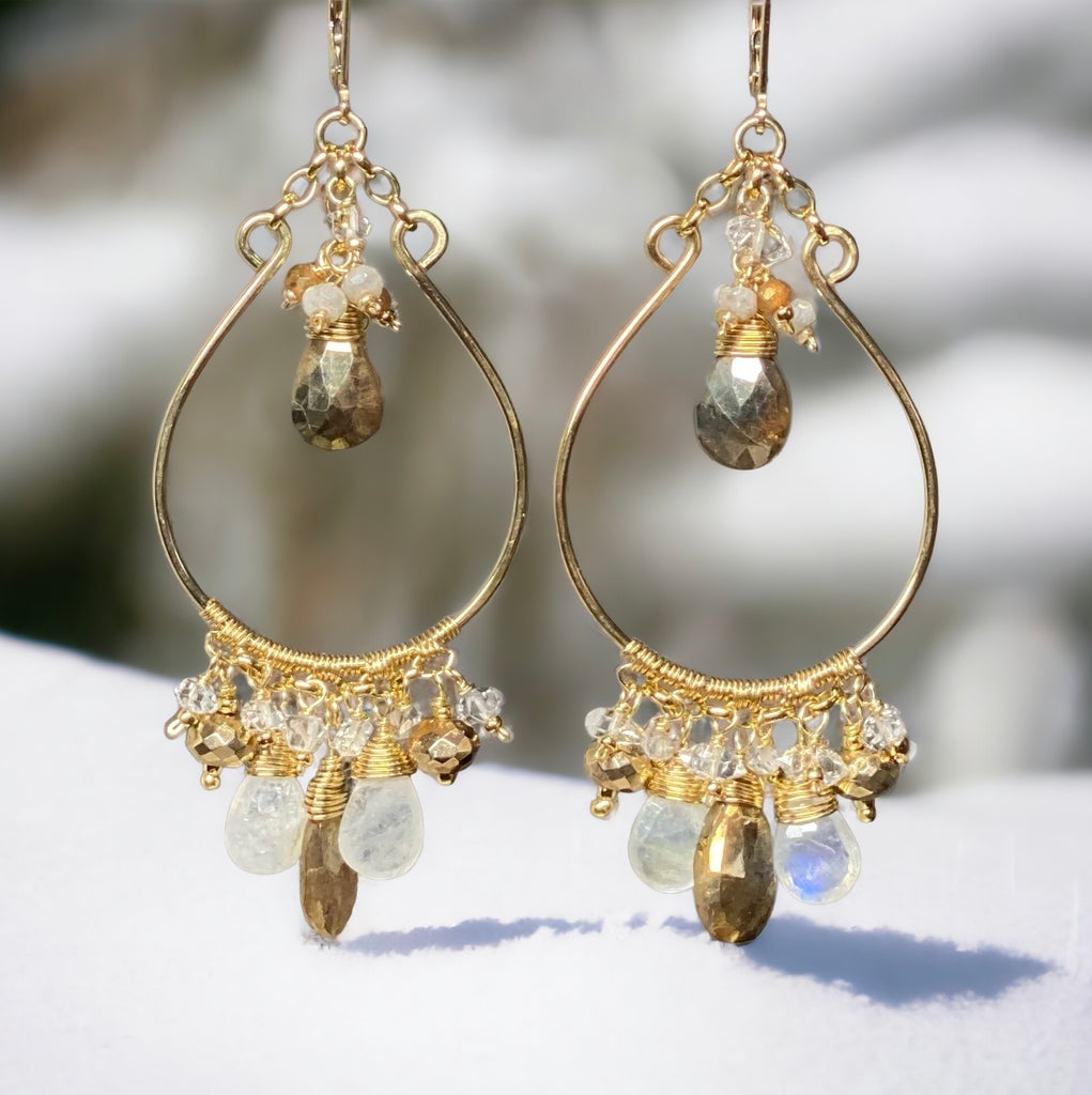 Rainbow Moonstone Gold Chandelier Hoop Earrings Herkimer Diamond