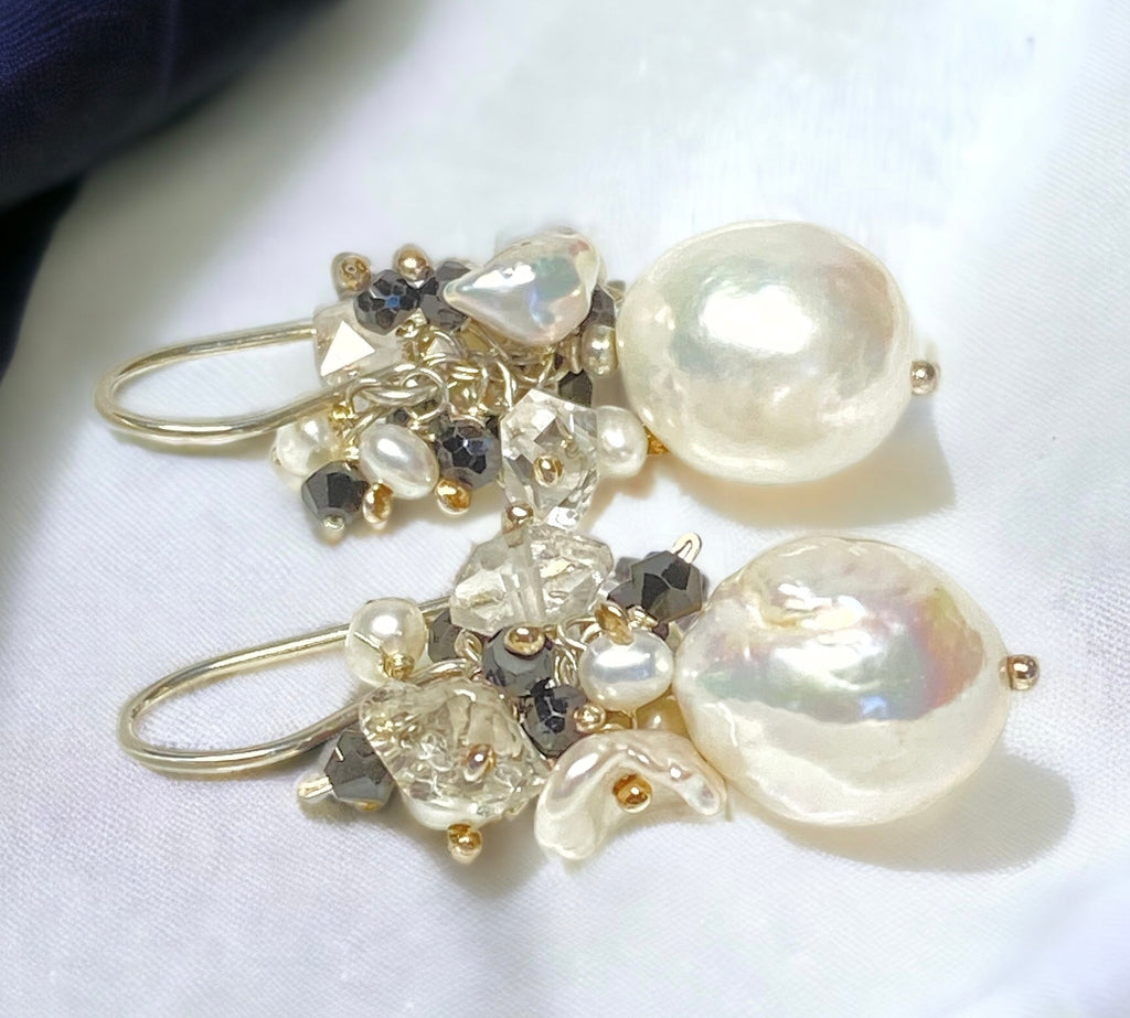 white edison pearl earrings with clusters of Herkimer diamonds black spinel and keishi pearls sterling silver