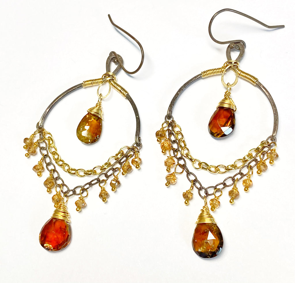 Petrol Tourmaline and Oxidized Silver Gold Earrings