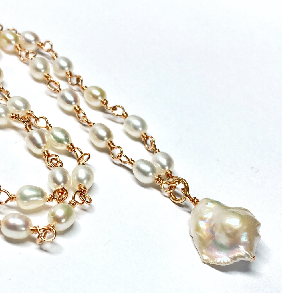 Dainty Baroque Pearl Necklace Wire Wrapped Rosary Style Rose Gold Fill
