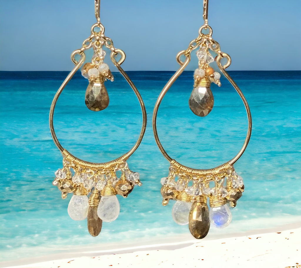 Rainbow Moonstone Gold Chandelier Hoop Earrings Herkimer Diamond