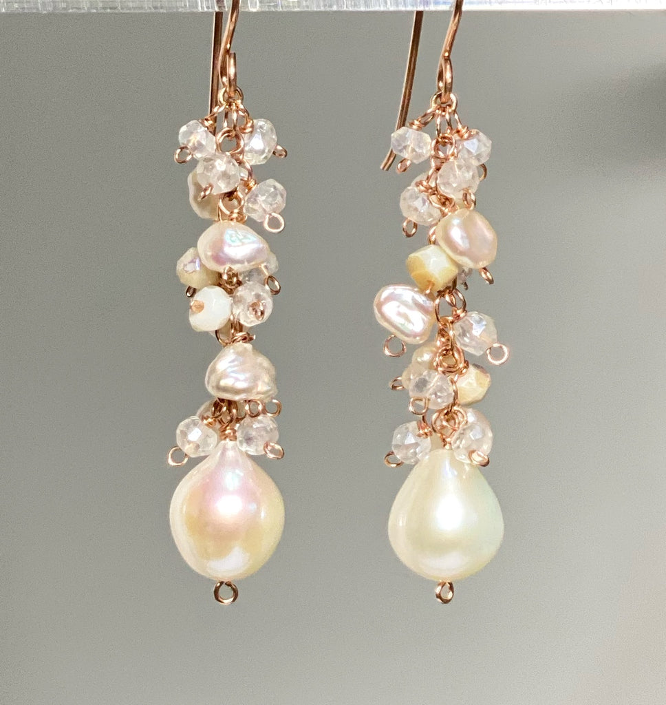 Rose Gold Long Dangle Earrings Keishi Pearl Mystic Quartz