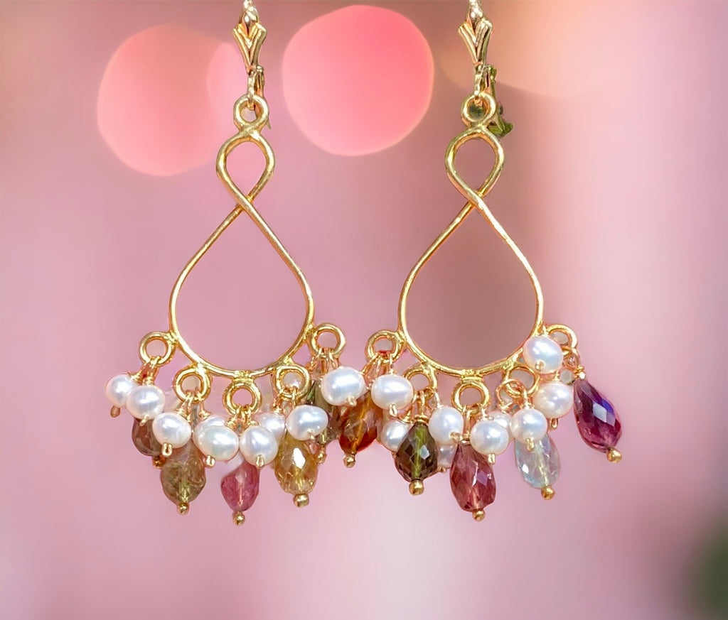 Tourmaline and Pearl Gold Chandelier Earrings