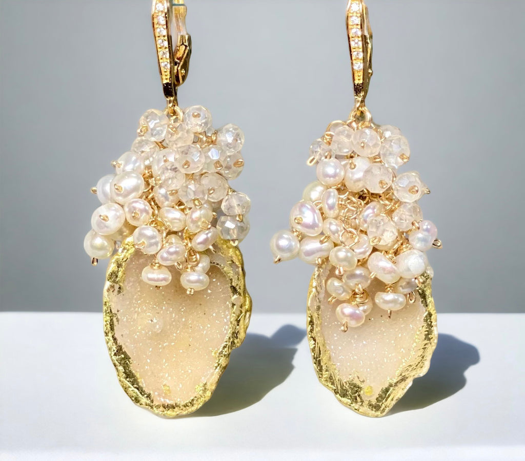 Golden Tabasco Geode 24 kt Gold Leaf Earrings with Pearl and Mystic Crystal Clusters
