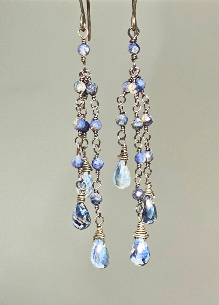 Mystic Blue Kyanite Dainty Tassel Earrings Oxidized Silver
