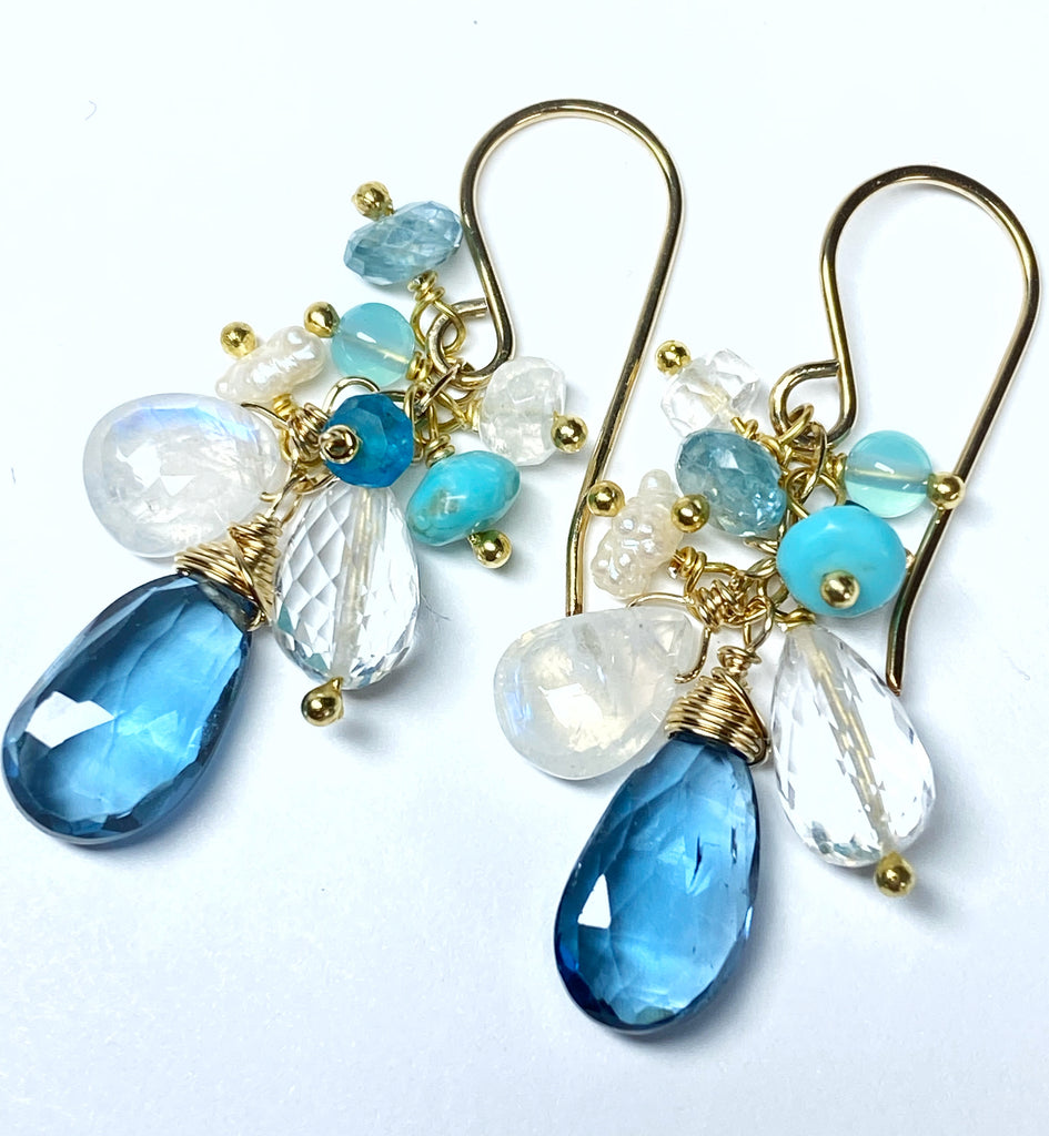 London Blue Topaz, Moonstone, Crystal Quartz Dangle Earrings, Gold Fill