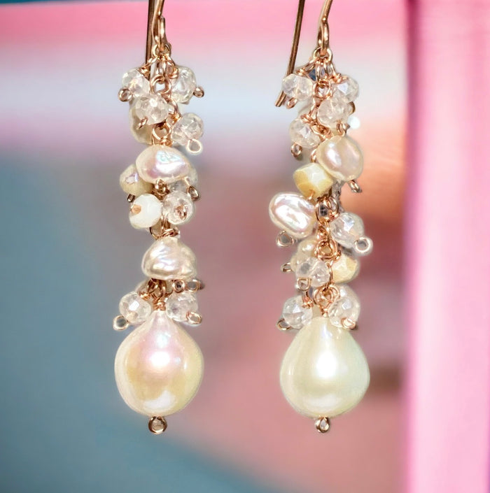 Rose Gold Long Dangle Earrings Keishi Pearl Mystic Quartz