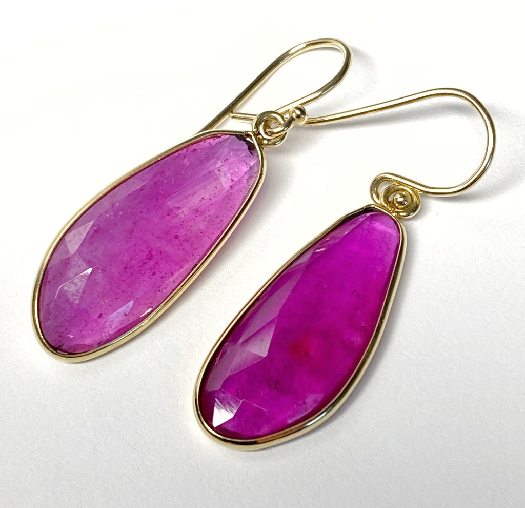 Rose Cut Ruby Dangle Earrings in 14k Gold