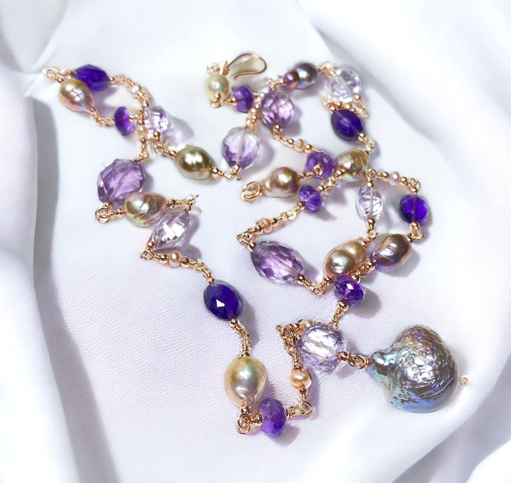 Long Amethyst Gem Stone and Baroque Pearl Necklace in Rose Gold