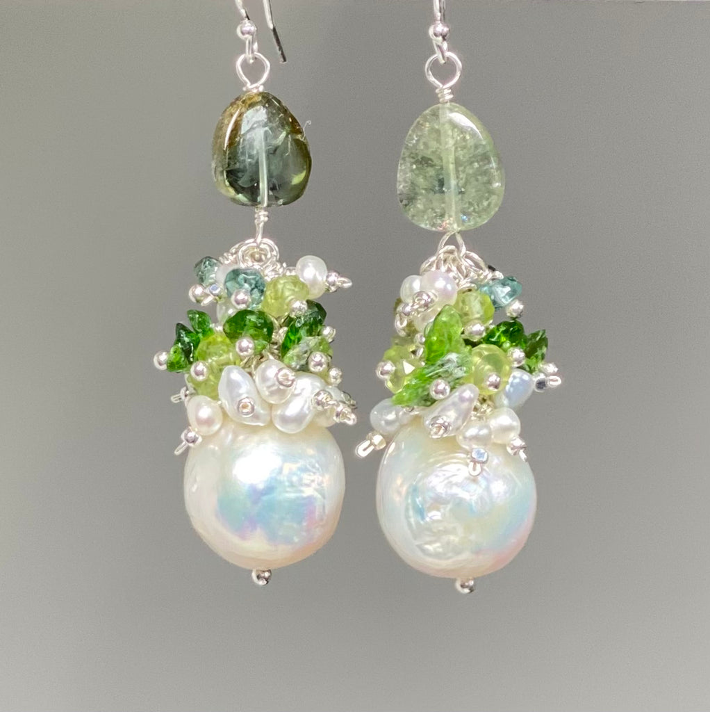 Baroque Edison Pearl and Green Gemstone and Tourmaline Cluster Earrings