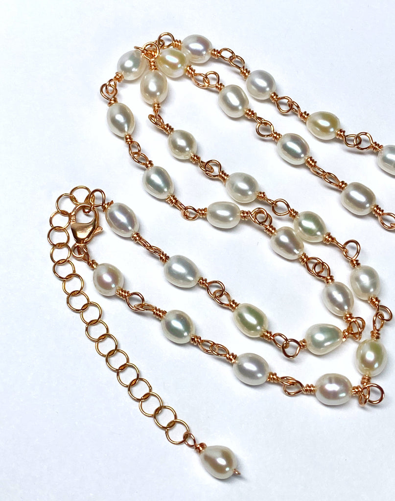 Dainty Baroque Pearl Necklace Wire Wrapped Rosary Style Rose Gold Fill