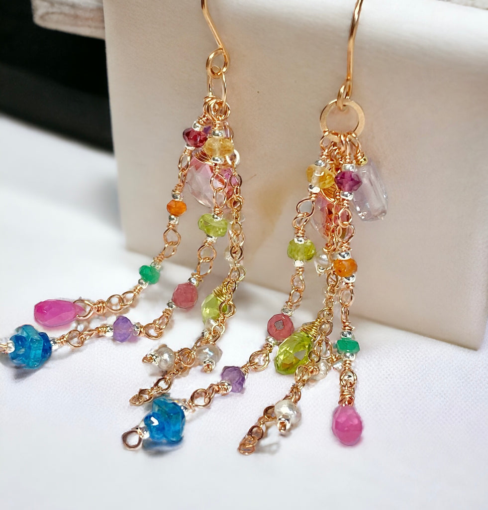 Mystic Pink Topaz Colorful Gemstone Dangle Earrings Rose Gold Fill