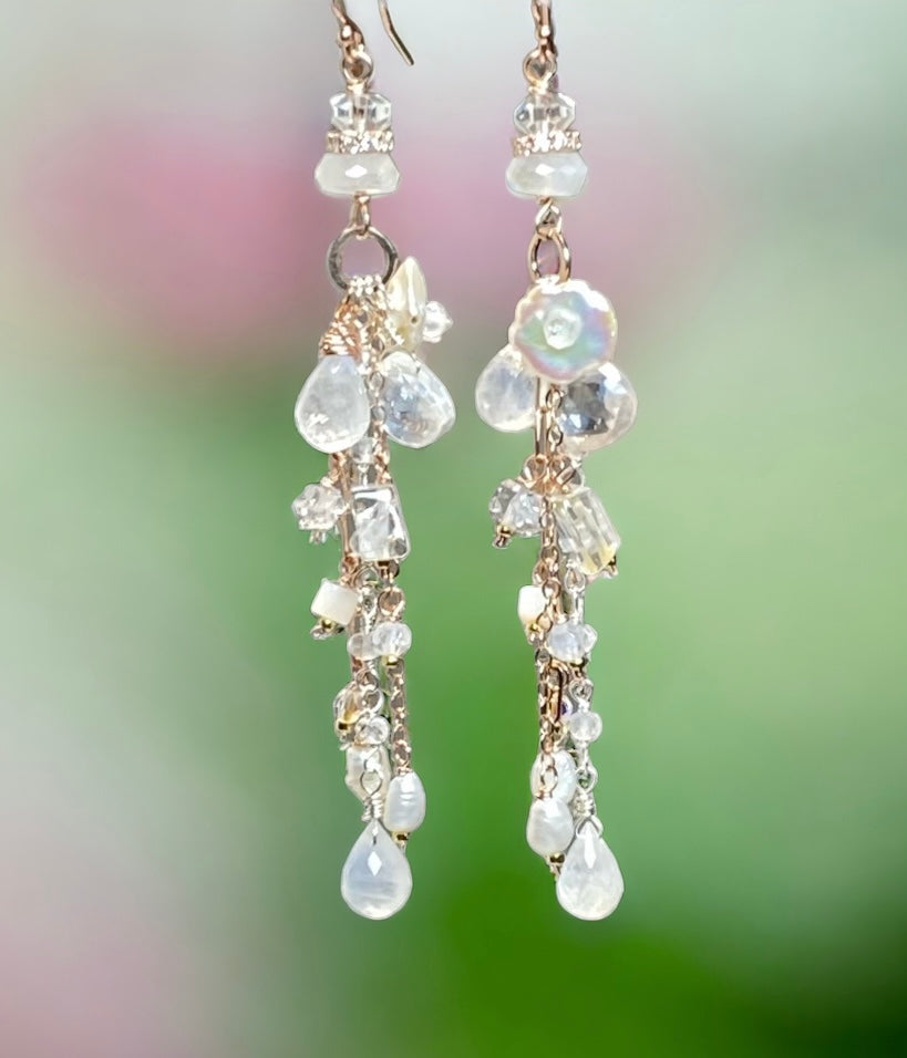 Rose Gold Long Boho Mystic Quartz, Pearl & Moonstone Dangle Earrings