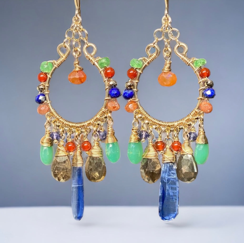 Colorful Chandelier Earrings Gold Fill Kyanite Carnelian Chrysoprase Lapis