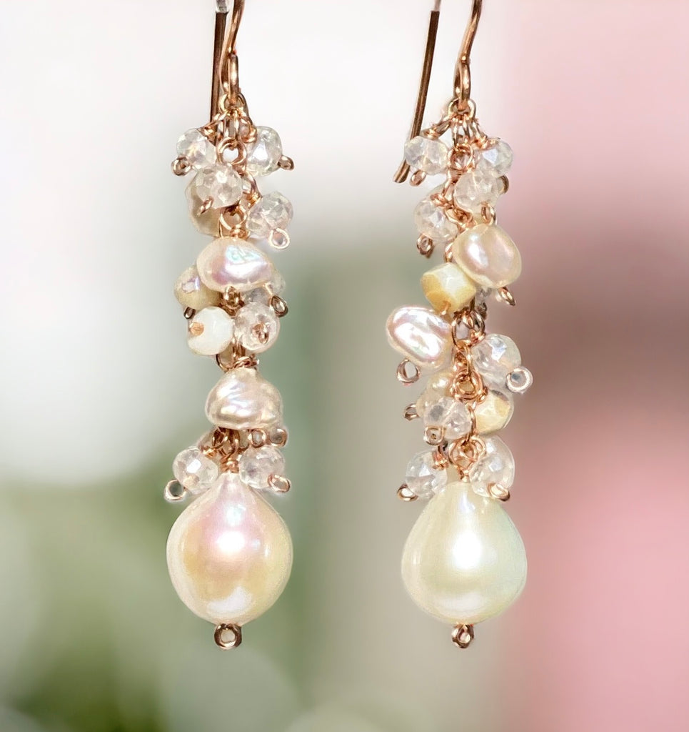 Rose Gold Long Dangle Earrings Keishi Pearl Mystic Quartz