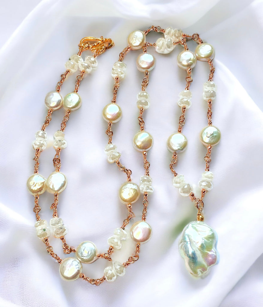 Rose Gold Ivory Baroque Pearl Mystic Moonstone Long Sautoir Rosary Necklace