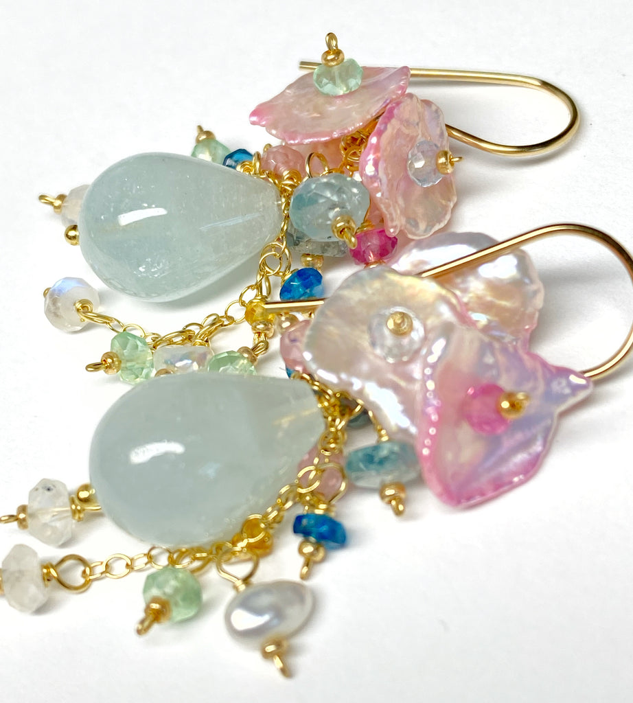 Aquamarine, Pink Keishi Pearl and Pastel Gemstone Wedding Earrings - Doolittle
