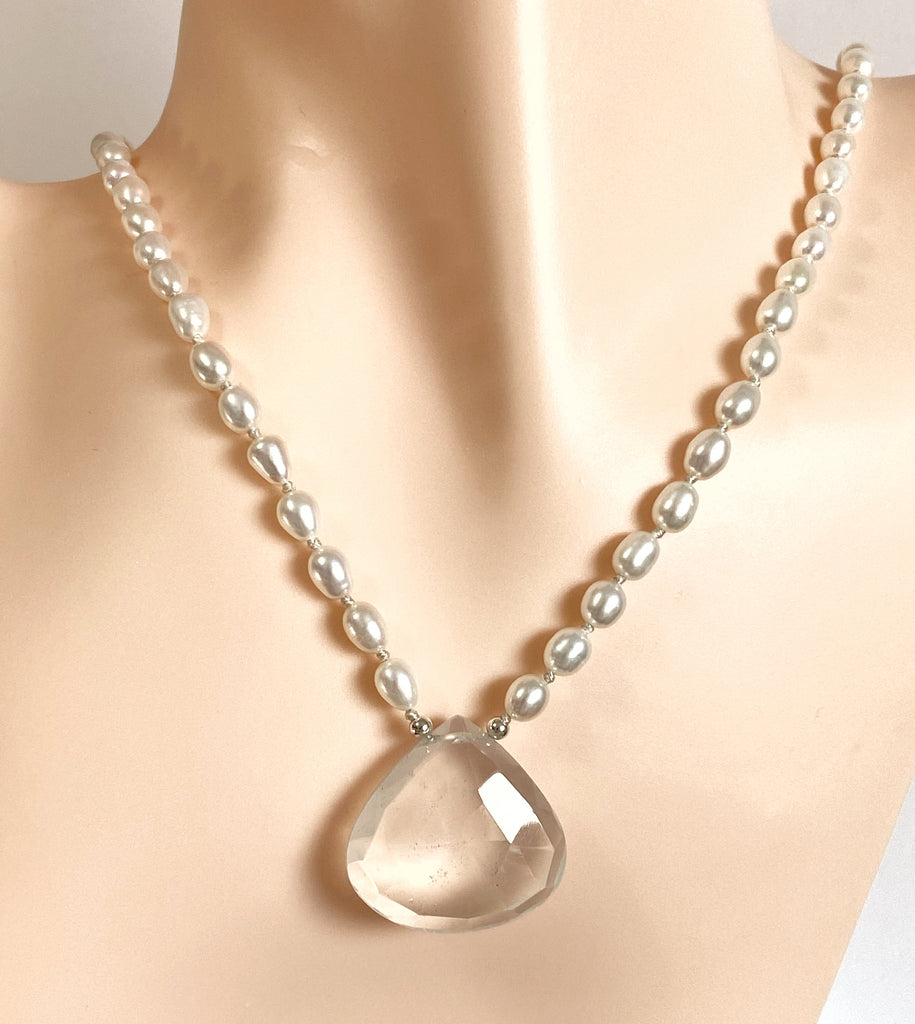 White Quartz Pendant Hand Knotted Pearl Necklace, Sterling Silver