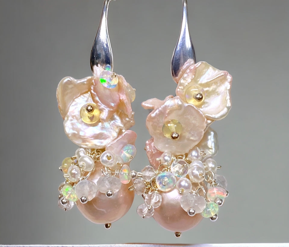 Pink Pearl Blush Keishi and Opal Cluster Earrings in Sterling Silver