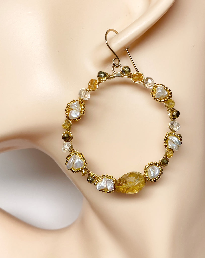 Citrine Gemstone Gold Hoop Earrings Wire Wrapped