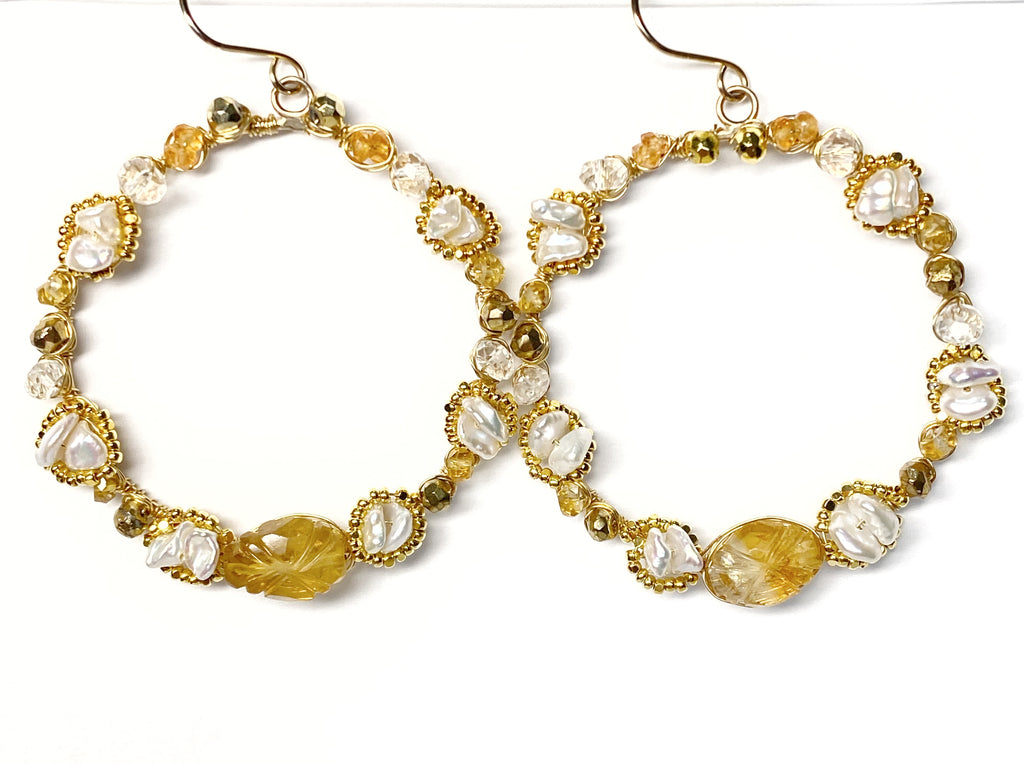 Citrine Gemstone Gold Hoop Earrings Wire Wrapped