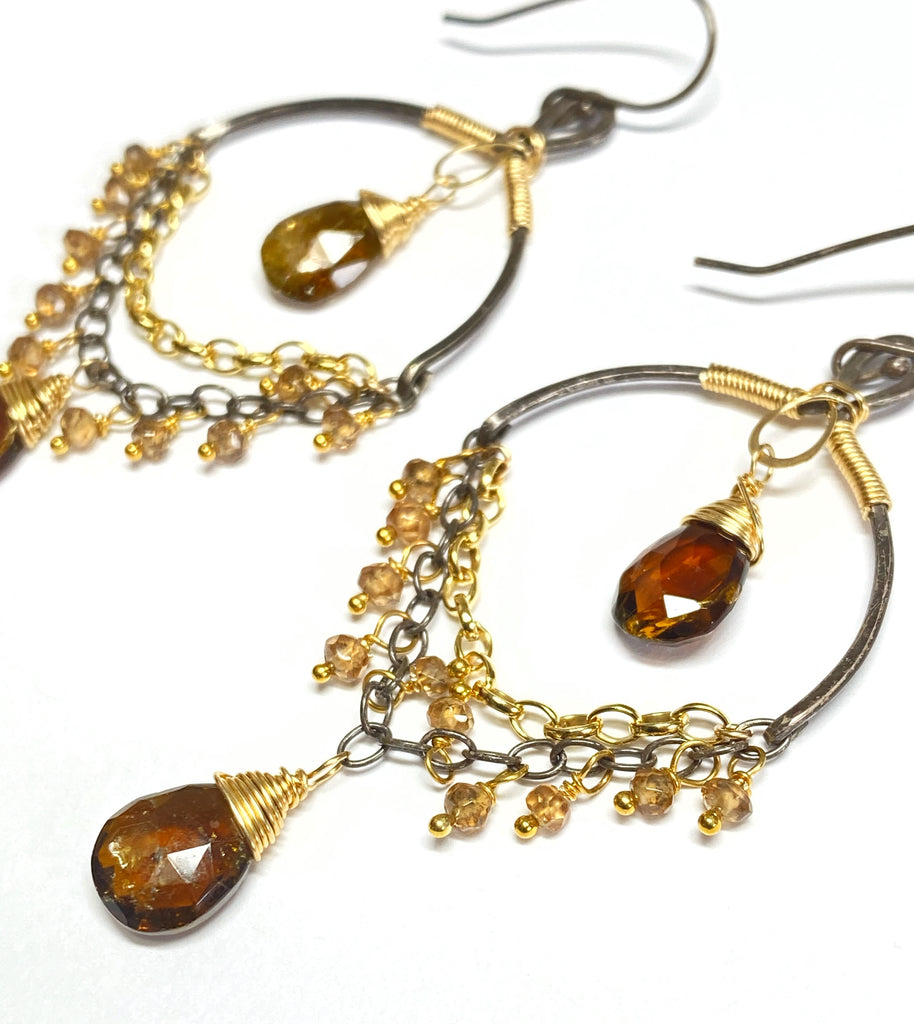 Petrol Tourmaline and Oxidized Silver Gold Earrings