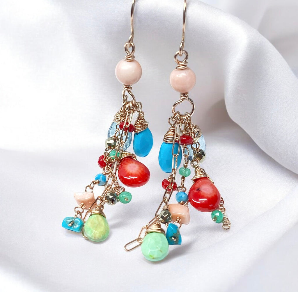 Turquoise Red Coral Rose Gold Long Boho Dangle Earrings