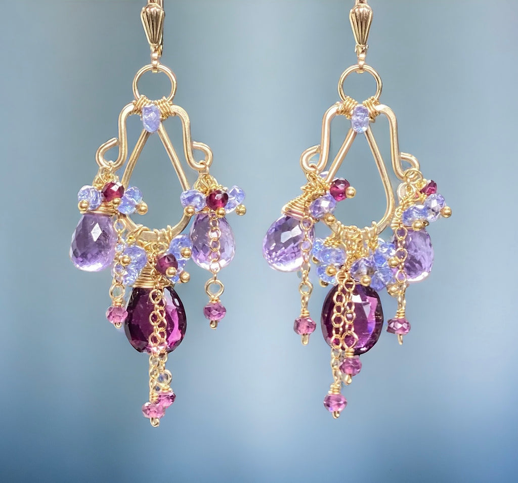 Garnet Amethyst Tanzanite Gold Multicolor Chandelier Earrings