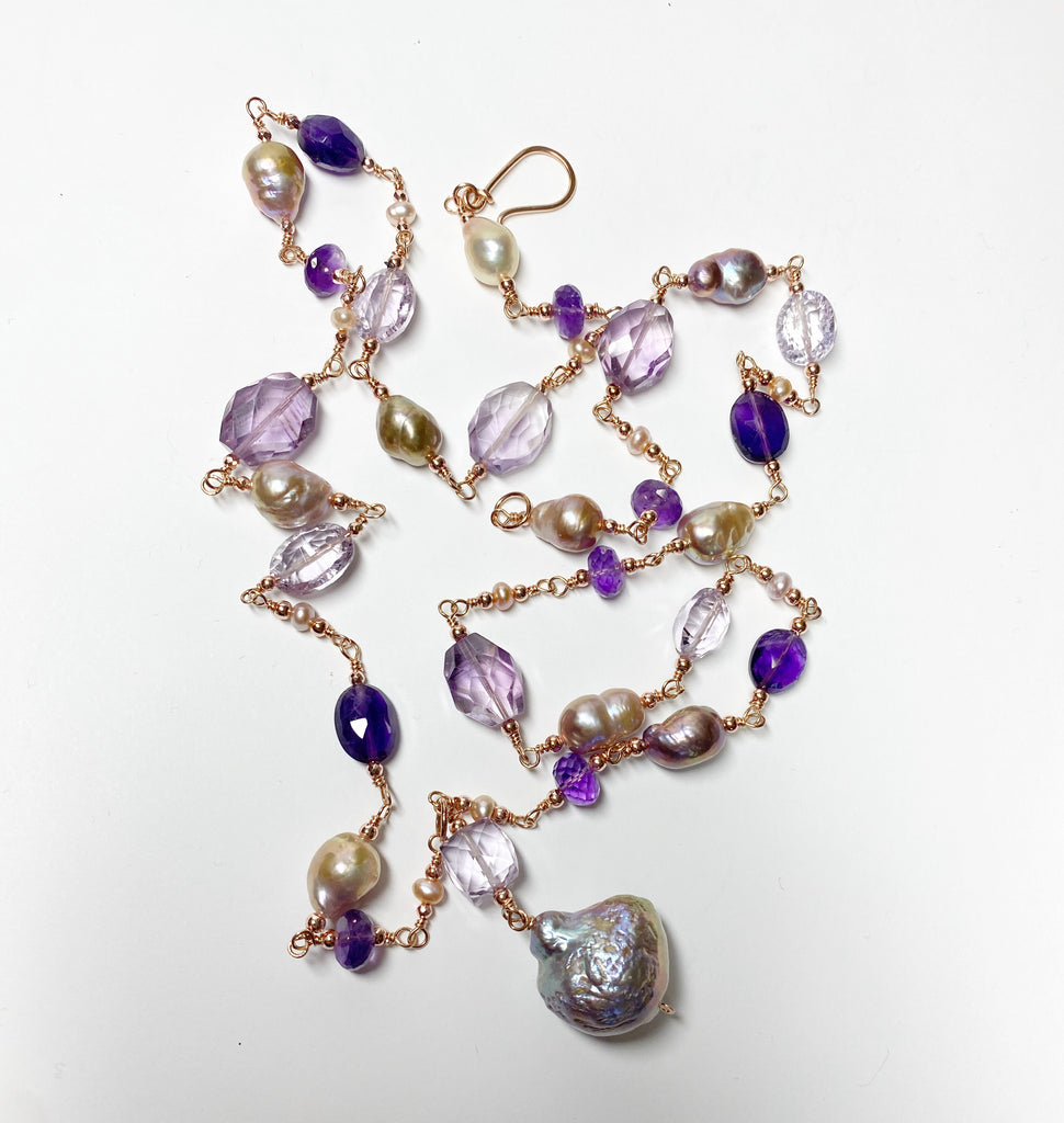 Long Amethyst Gem Stone and Baroque Pearl Necklace in Rose Gold