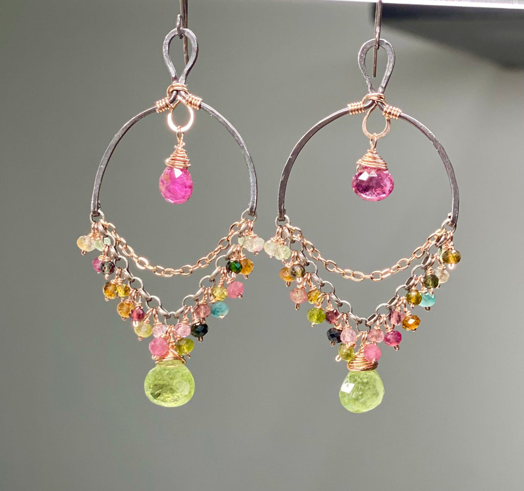Tourmaline Chandelier Earrings Mixed Metal Boho Style 2