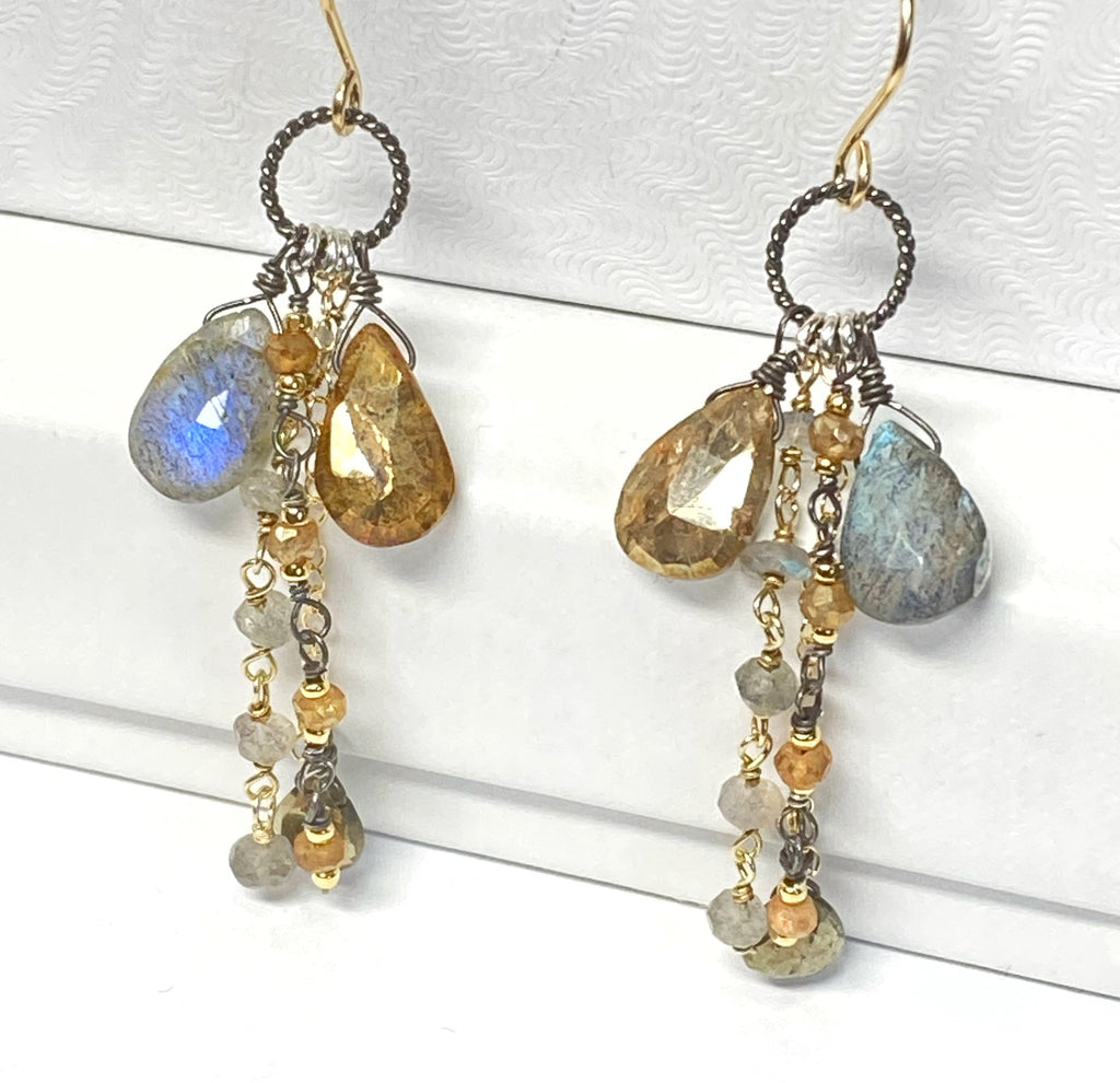 Labradorite Boho Long Gem Dangle Earrings in Mixed Metals
