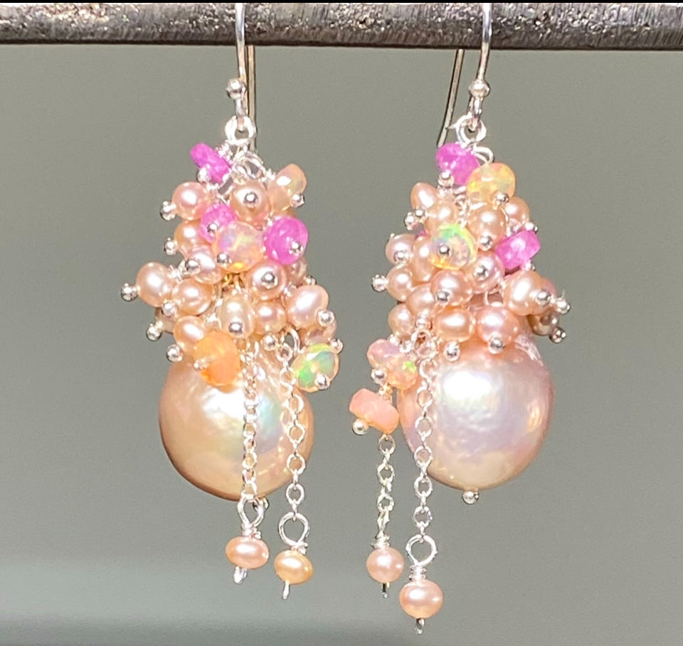 Pink Blush Baroque Pearls Opal, Sapphire Pearl Cluster Earrings