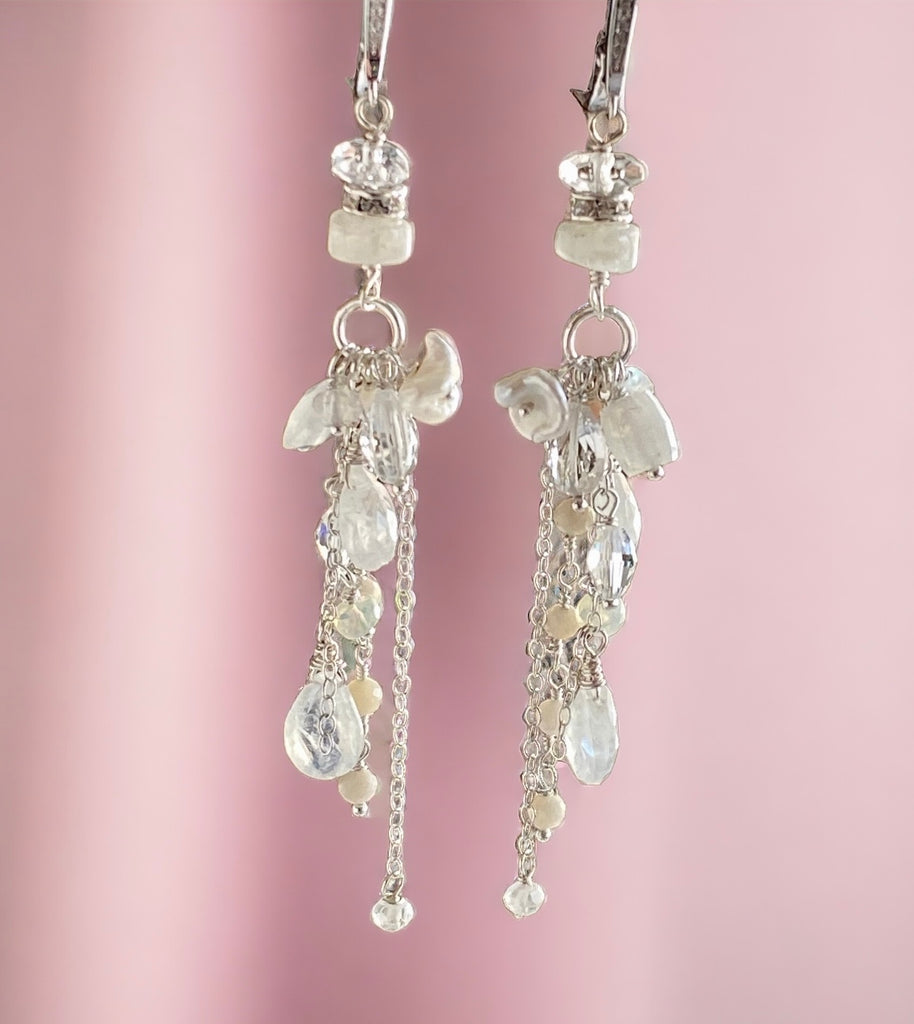 Rainbow Moonstone Long Boho Earrings Crystal Quartz Sterling Silver