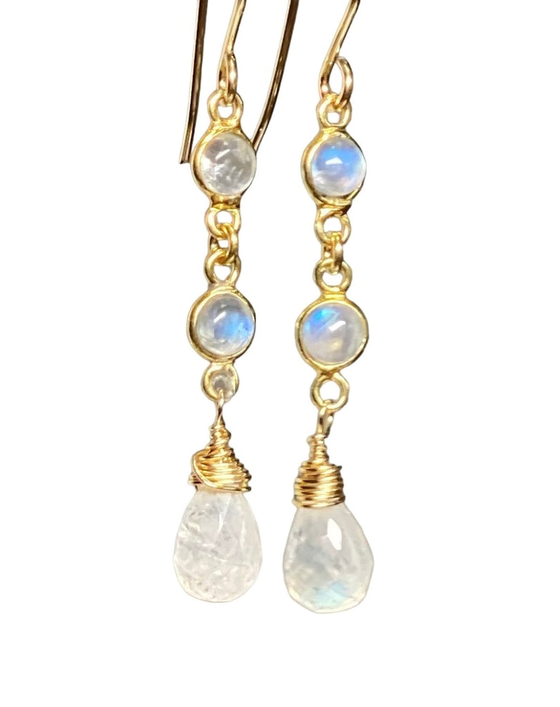 Rainbow Moonstone Double Dangle Earrings Gold Fill