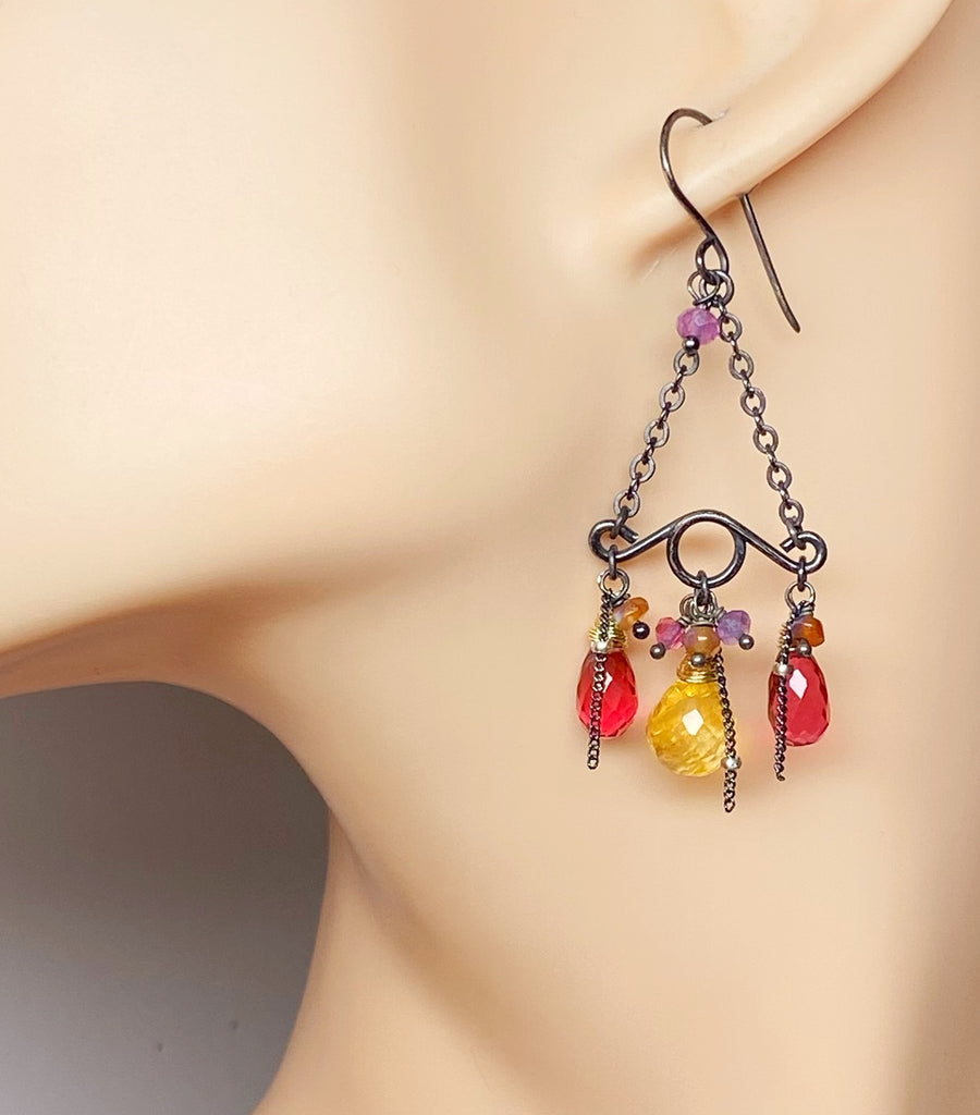 Pink, Fuchsia, Citrine Gemstone Handmade Chandelier Earrings Mixed Metal Oxidized Silver