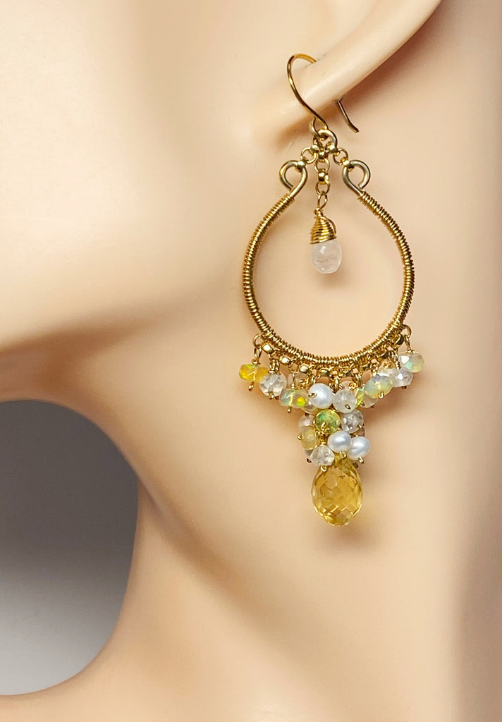 Citrine Gold Fill Hoops with Opal Pearl Moonstone Clusters