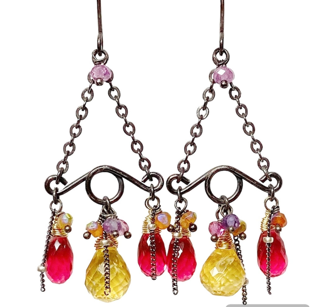 Pink, Fuchsia, Citrine Gemstone Handmade Chandelier Earrings Mixed Metal Oxidized Silver