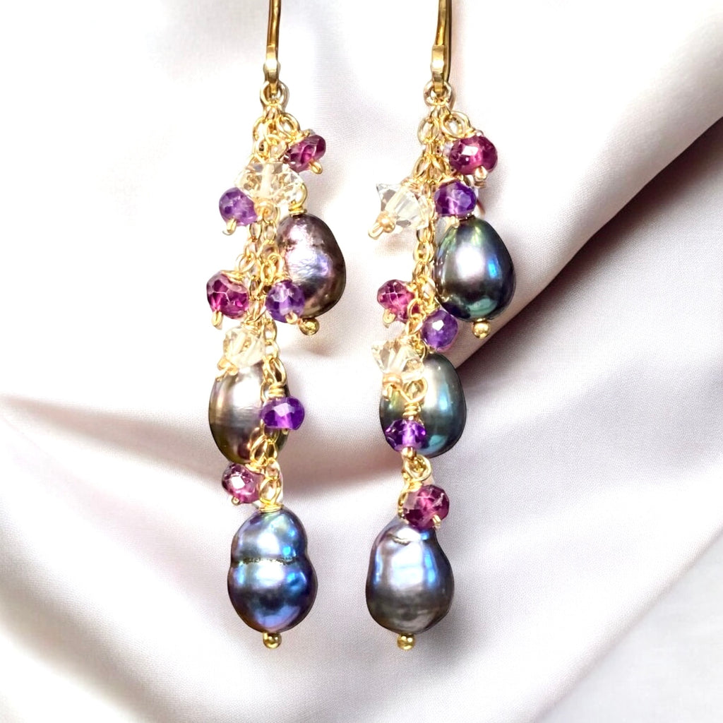 Peacock Edison Pearl Dainty Dangle Earrings with Amethyst, Garnet, Herkimer Diamonds