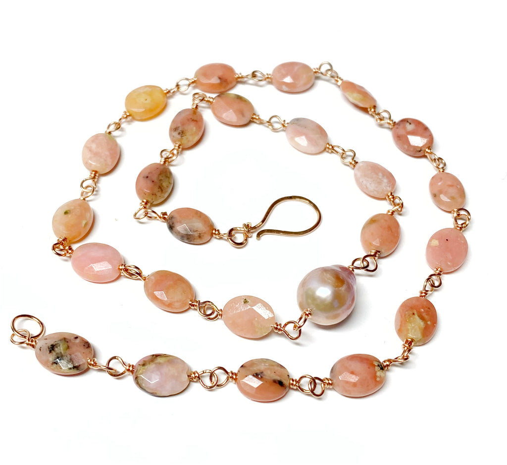 Pink Peruvian Opal, Pearl and Rose Gold Wire Wrapped Necklace