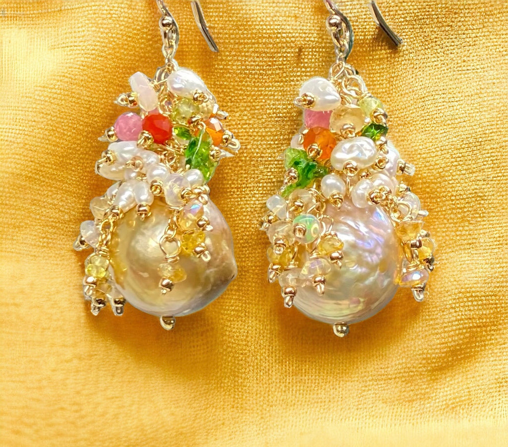 Gold and White Baroque Pearl and Gemstone Cluster Earrings, Pond-slime