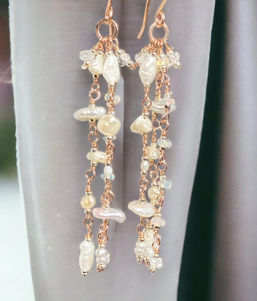 Rose Gold Dainty Pearl Boho Dangle Earrings