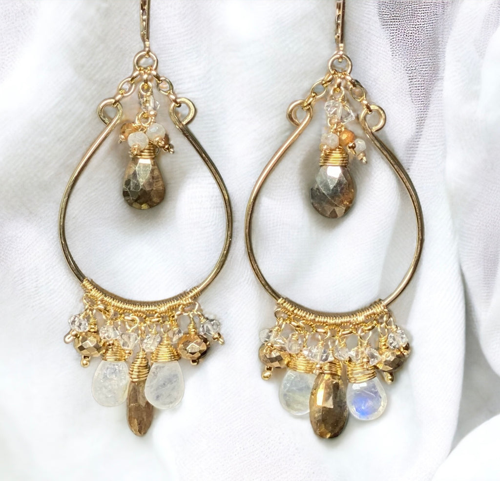 Rainbow Moonstone Gold Chandelier Hoop Earrings Herkimer Diamond