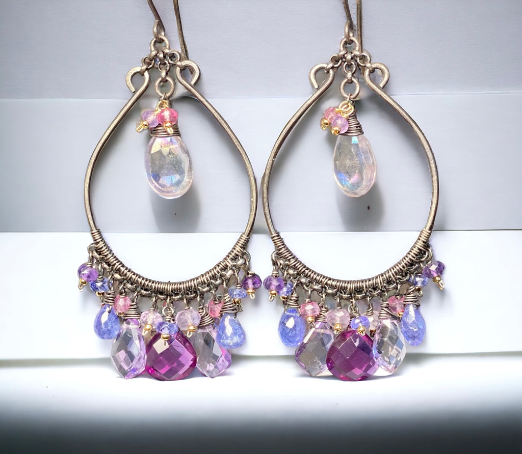 Blue Violet Statement Chandelier Hoop Earrings, Oxidized Silver