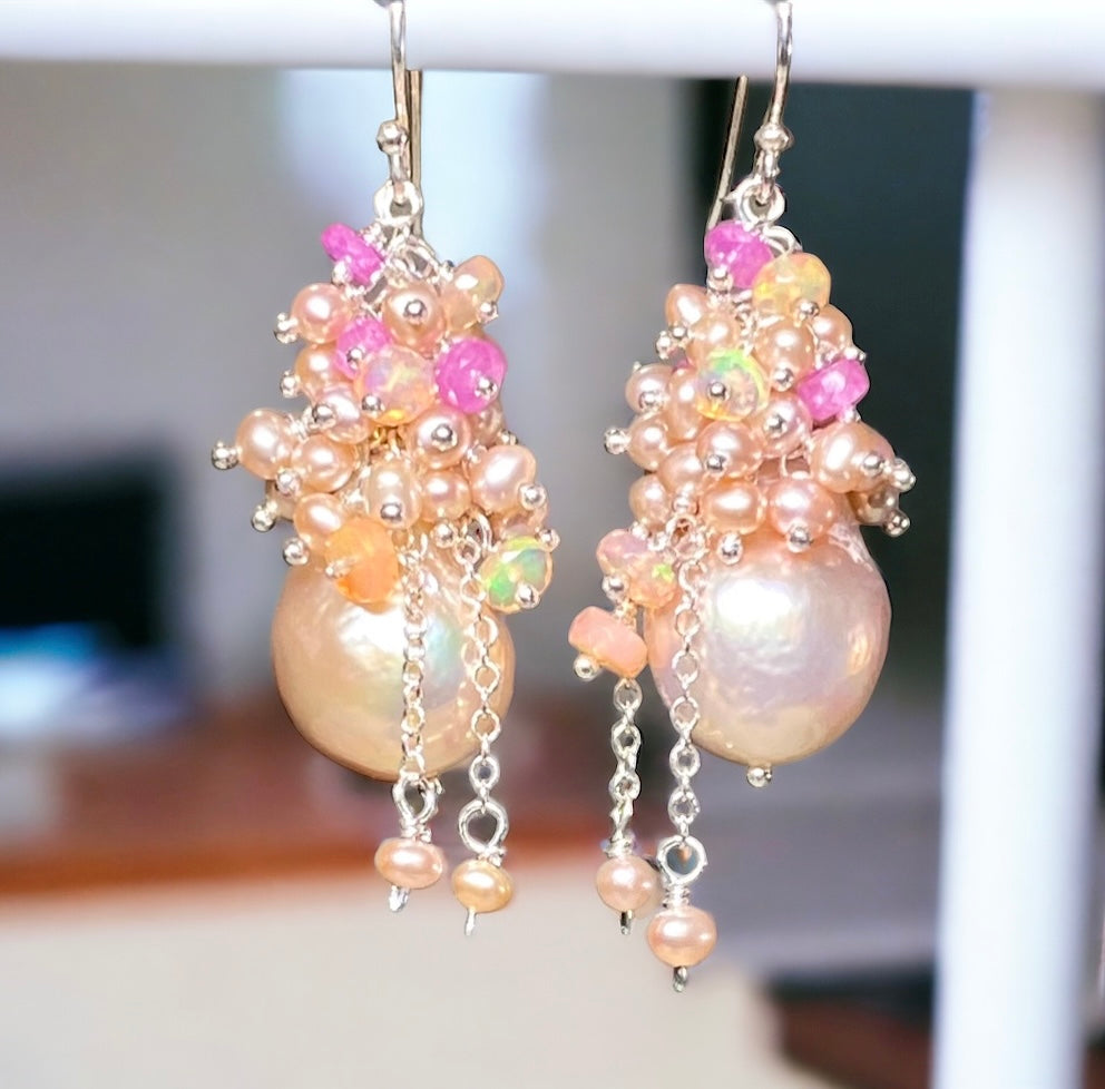 Pink Blush Baroque Pearls Opal, Sapphire Pearl Cluster Earrings