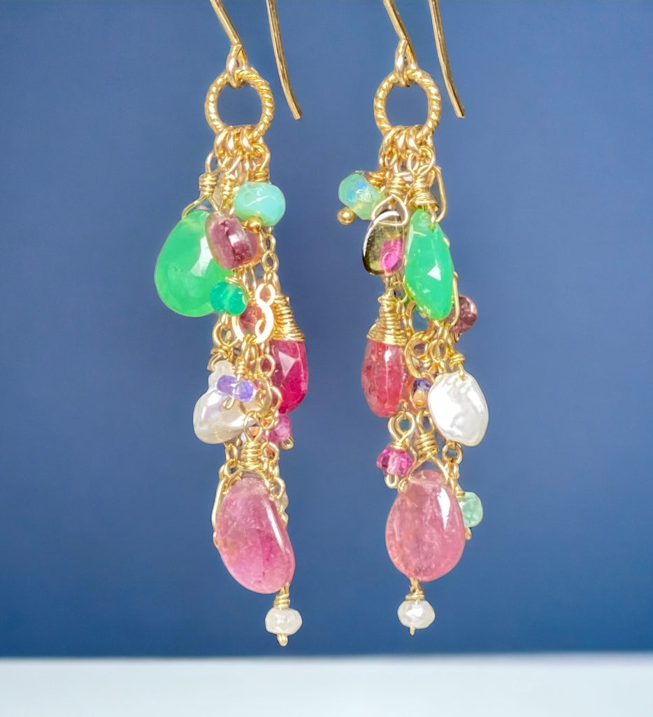 Pink Tourmaline Slice Green Chrysoprase Gemstone Dangle Earrings Gold Fill