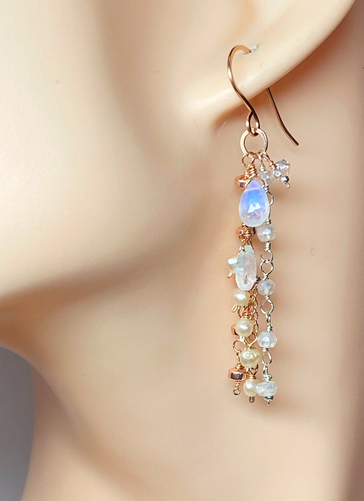 Rose Gold Dainty Moonstone, Pearl Romantic Boho Dangle Earrings