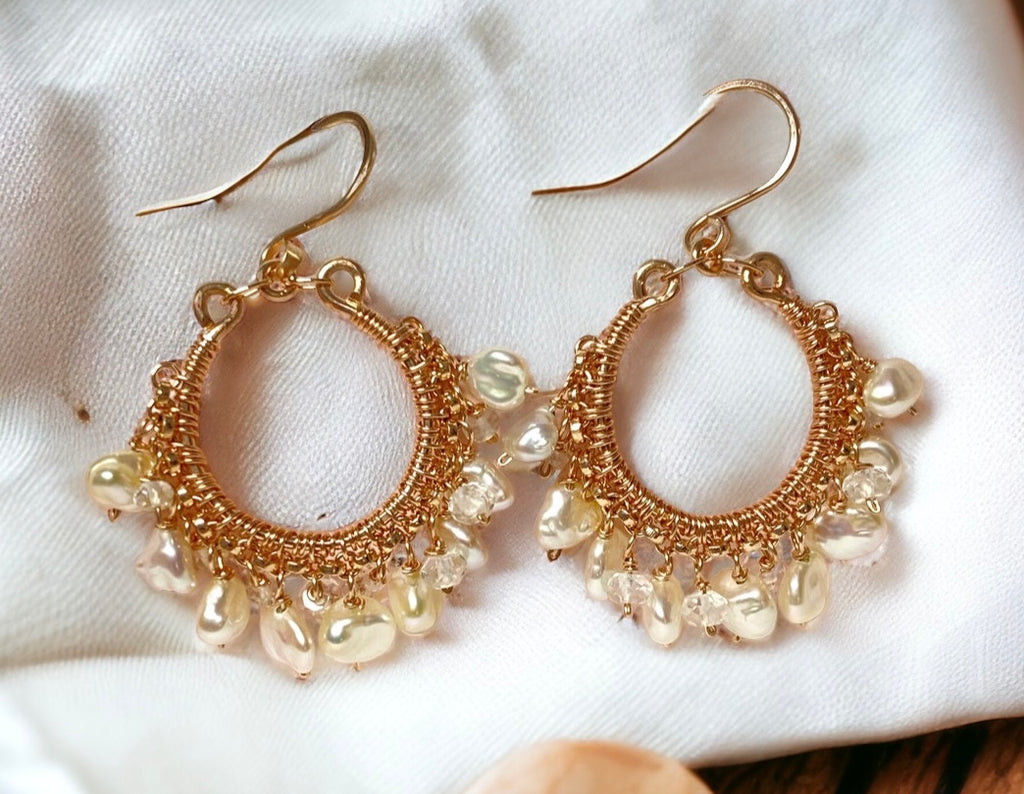 Rose Gold Keishi Pearl and Crystal Hoop Earrings