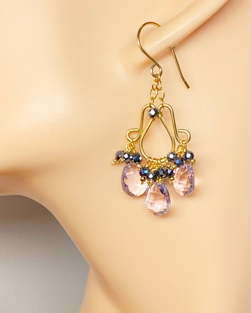 Pink Amethyst Chandelier Earrings Gold Fill with Black Clusters