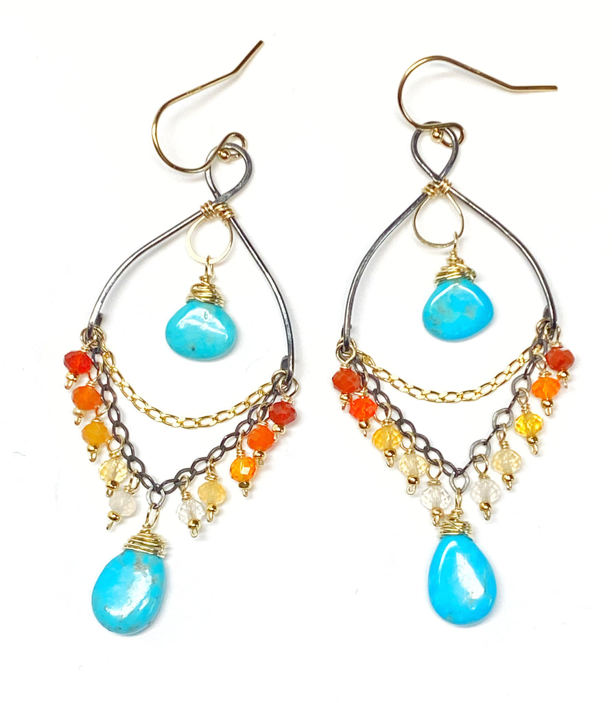 Turquoise Gemstone Mexican Fire Opal Mixed Metal Chandelier Earrings