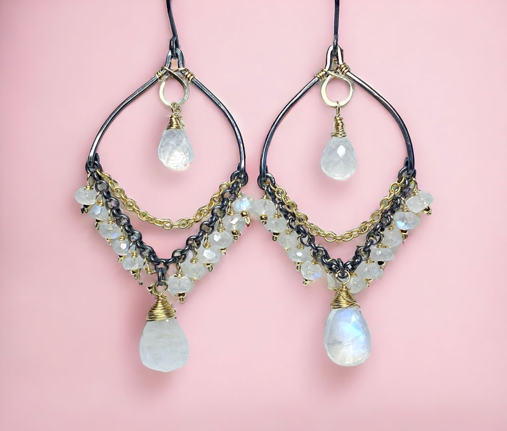 Rainbow Moonstone Mixed Metal Chandelier Earrings
